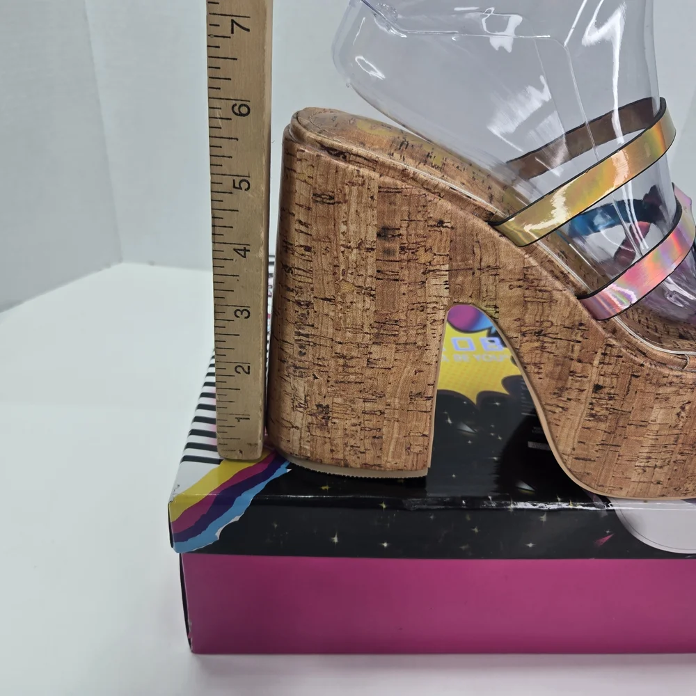 Cape Robbin Elci Platform Multi Iridescent Strappy Cork Heels Women's Size 10